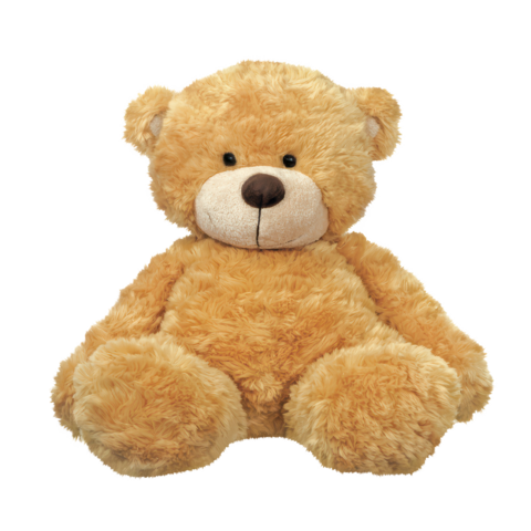 Ein großer, plüschiger Teddybär mit braunem Fell und einem freundlichen Gesichtsausdruck sitzt aufrecht.