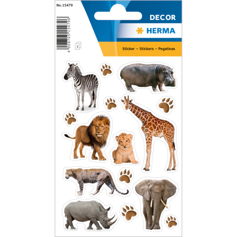 Tieraufkleber mit verschiedenen Tieren: Zebra, Nilpferd, Löwe, Löwenjunges, Giraffe, Leopard, Elefant und Nashorn, umgeben von Pfotenabdrücken.