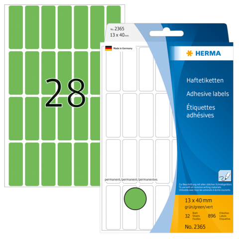 Grüne Haftetiketten auf einem Bogen, mit der Nummer 28. Verpackung zeigt Details zu Größe und Anzahl der Etiketten.