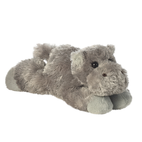 Graues, plüschiges Stofftier in Form eines Hundes, mit großen Augen und einem weichen Körper, der auf dem Boden liegt.