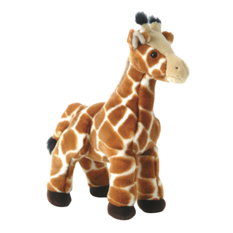 Plüschgiraffe mit braun-weißen Flecken, aufrecht stehend, mit einem freundlichen Gesicht und kleinen Hörnern.