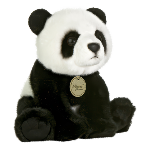 Plüschpanda mit schwarzen und weißen Farbtönen, sitzt aufrecht und trägt ein Etikett mit dem Namen "Miyoni".