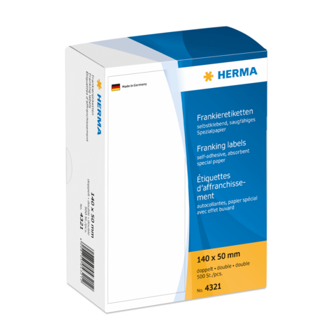 Selbstklebende Frankieretiketten in einer Verpackung, Maße 140 x 50 mm, von der Marke HERMA. Ideal für den Versand.