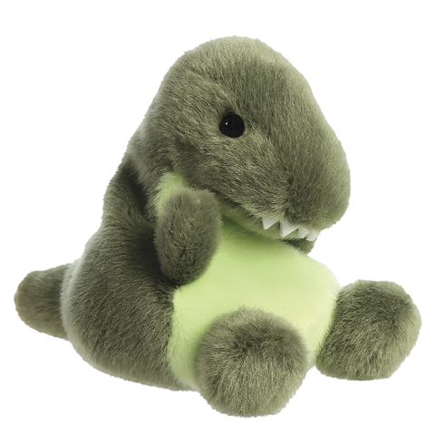 Plüschdinosaurier in Grün mit einem runden, weichen Körper und kleinen, spitzen Zähnen.