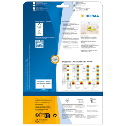 Rückseite einer Verpackung mit Informationen zu HERMA, einschließlich Softwarehinweisen und Anwendungsbeispielen.