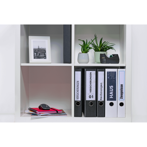 Ein Regal mit Aktenordnern, einer Maus, einer Pflanze und einem gerahmten Bild. Ordner beschriftet mit "Verschreibungen", "Rechnungen", "Haus" und "Zeugnisse".