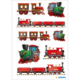 Bunte Aufkleber von Lokomotiven und Waggons in verschiedenen Designs, darunter eine grüne Lok und rote Waggons.