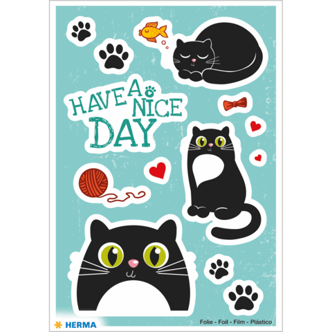 Aufkleber mit Katzenmotiven, Herzen, einem Fisch und der Aufschrift "HAVE A NICE DAY". Enthält Pfotenabdrücke und Wollknäuel.