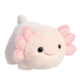 Kuscheltier in Form eines Axolotls, mit rosa und weißen Farben, runden Formen und einem lächelnden Gesicht.