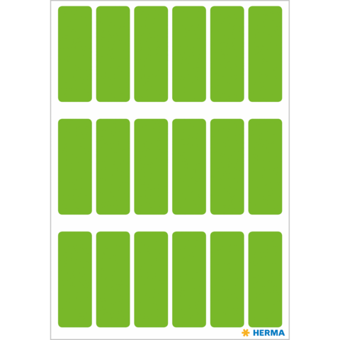 Grüne Etiketten auf einem weißen Blatt, angeordnet in mehreren Reihen und Spalten. Ideal zum Beschriften oder Organisieren.
