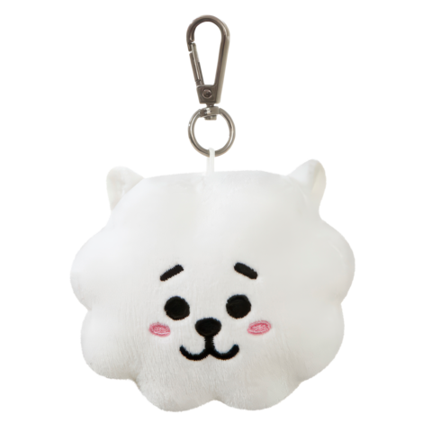 Plüschanhänger in Form eines weißen Bärenkopfes mit einem freundlichen Gesichtsausdruck und einem Clip zum Befestigen.