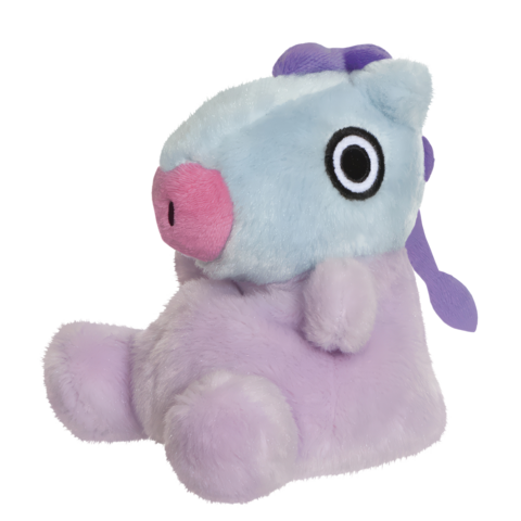 Plüschpferd mit blauer und lila Farbgebung, großen Augen und einer rosa Schnauze, sitzt aufrecht.