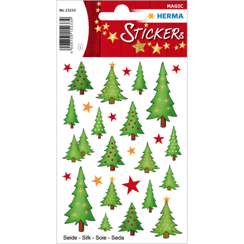 Weihnachtliche Aufkleber mit verschiedenen Tannenbäumen und Sternen in verschiedenen Farben und Größen.