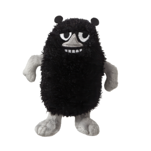 Schwarzes, plüschiges Stofftier mit grauen Details und einem schelmischen Gesichtsausdruck, das zwei Arme hat.