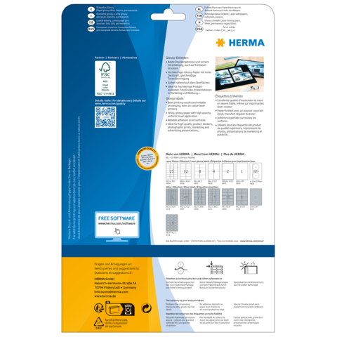 Rückseite einer Verpackung mit Informationen zu HERMA-Produkten, einschließlich Softwarehinweisen und Anleitungen zur Verwendung.