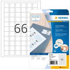 Blatt mit 66 vorgestanzten Inkjet-Etiketten, verpackt in einer blauen Verpackung mit Produktinformationen und Software-Hinweis.