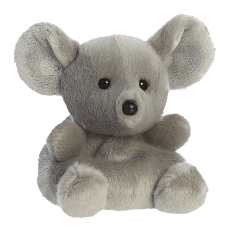 Graues Plüschspielzeug in Form eines Koalas mit großen Ohren und runden Augen, sitzend und mit einem runden Körper.