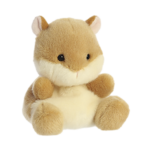 Ein niedliches, plüschiges Hamster-Spielzeug mit braunem und beigem Fell, runden Ohren und einem freundlichen Gesichtsausdruck.