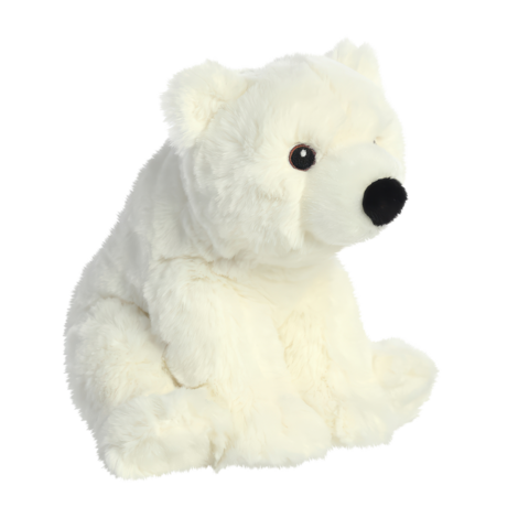 Weißer Teddybär sitzt aufrecht mit schwarzen Augen und Nase, aus weichem Plüsch gefertigt.