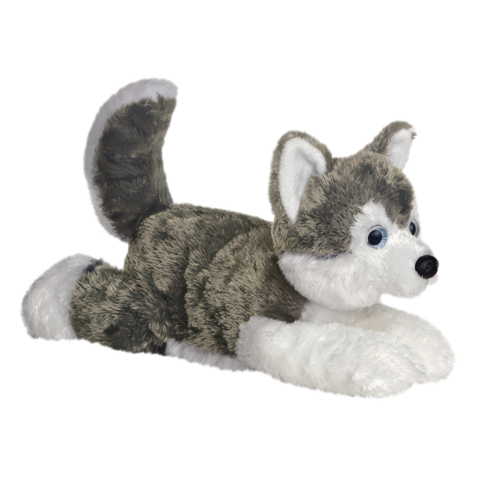 Plüschspielzeug eines Huskys, liegend mit grauem und weißem Fell, großen blauen Augen und einem freundlichen Gesichtsausdruck.