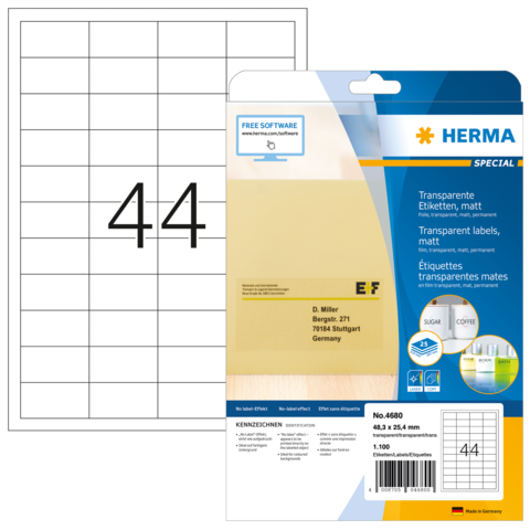 Transparente Etiketten von Herma, Packung mit 100 Stück, inklusive Anleitung zur Nutzung von kostenloser Software.