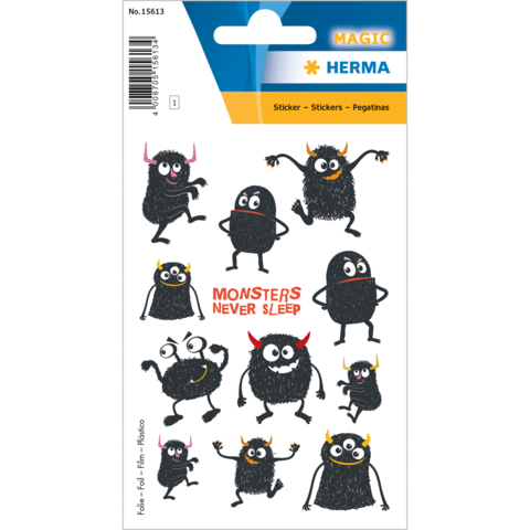Bunte Monster-Sticker in verschiedenen Posen, mit dem Text "MONSTERS NEVER SLEEP" in der Mitte.