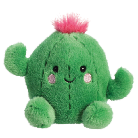 Kuscheliger, grüner Kaktus mit einer rosa Blüte und einem lächelnden Gesicht, der zwei kleine Arme hat.