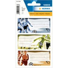 Etiketten mit Fußballmotiven in verschiedenen Farben und Platz für Beschriftungen. Verpackung enthält mehrere Etiketten.