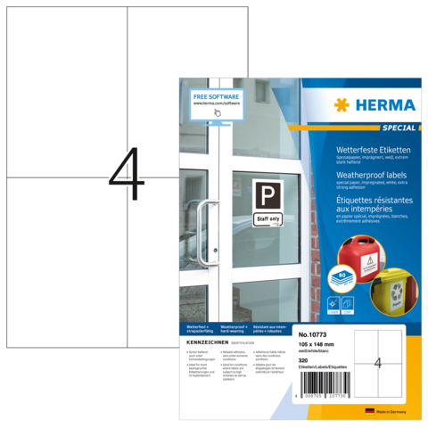Wetterfeste Etikettenpackung mit 10 Etiketten, Größe 105 x 148 mm, inklusive Softwarehinweis und Artikelnummer 10773.