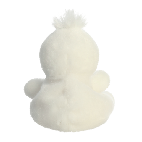 Weißes, plüschiges Entchen von hinten, mit einem kleinen Bommel auf dem Kopf und runden Formen.