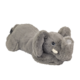 Graues Plüschelefant-Spielzeug mit großen Ohren und einem kleinen Stoßzahn, in liegender Position.