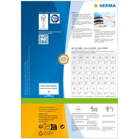 Produktinformationen von HERMA, einschließlich QR-Code, Softwarehinweis und Tabellen für Etikettenformate.