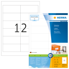 Etikettenblatt mit 12 Feldern, Marke Herma, inklusive Produktinformationen und Anweisungen zur Verwendung.