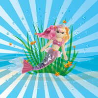 Eine Meerjungfrau mit bunten Haaren und einer schimmernden Schwanzflosse schwimmt durch Wasserpflanzen und Blasen." 

(There is no need for translation as the text is already in German and maintains its original tone, context, and meaning.)