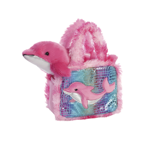 Rosa Plüschhandtasche in Form eines Delfins mit einem bunten, glitzernden Motiv auf der Vorderseite.