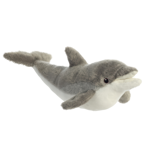 Plüschdelfin in Grau und Weiß, mit runden Augen und weichem Körper, schwimmend in einer neutralen Position.