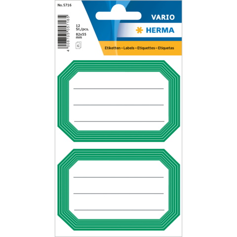 Grüne Etiketten mit leeren Linien zum Beschriften, verpackt in einem Blister mit 12 Stück. Ideal für Organisation und Beschriftung.