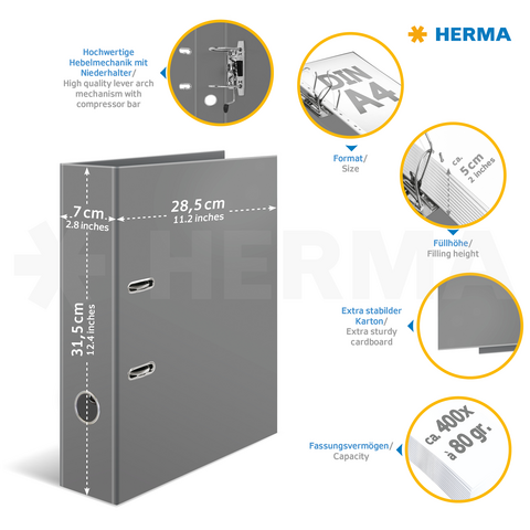 Graue Ringmappe mit Hebemechanik, Maße 31,5 cm x 28,5 cm x 7 cm, geeignet für A4-Dokumente, Fassungsvermögen etwa 400 Blatt.
