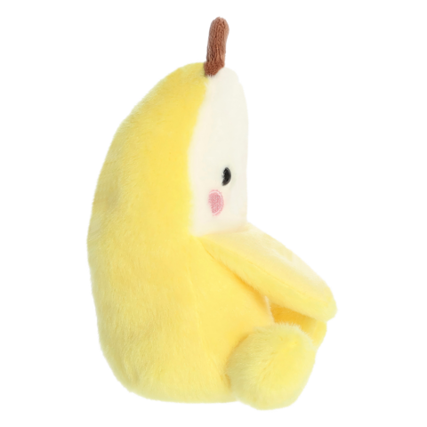 Gelbes, weiches Stofftier in Form einer Banane mit einem lächelnden Gesicht und einem kleinen braunen Stängel.