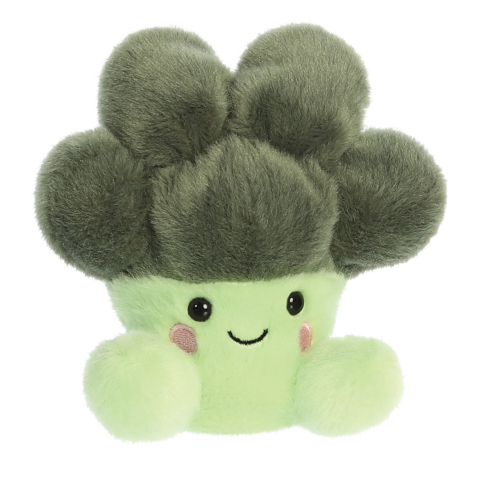 Kuscheliges, grünes Brokkoli-Plüschtier mit einem lächelnden Gesicht und runden, weichen Blättern.