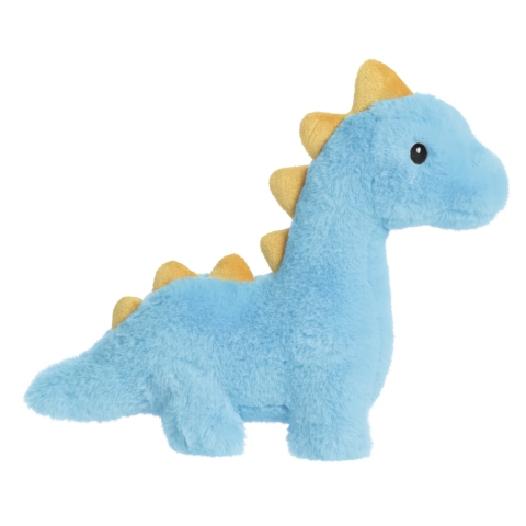 Blauer Plüschdinosaurier mit gelben Stacheln, steht seitlich und hat große, runde Augen.