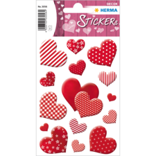 Bunte Herzaufkleber in verschiedenen Designs, darunter gepunktete, gestreifte und gemusterte Varianten in Rot und Weiß.