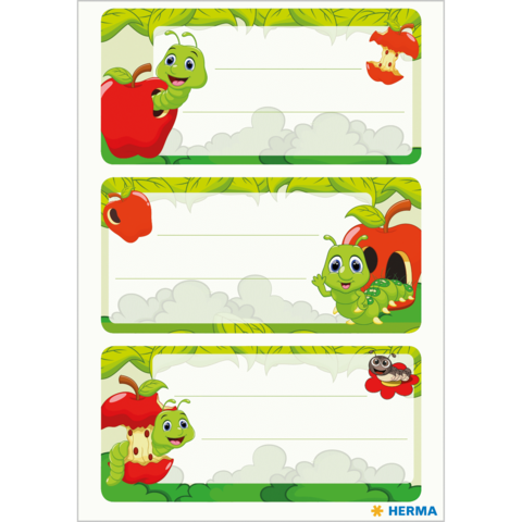 Bunte Etiketten mit cartoonhaften Insekten und Äpfeln, die Platz für handschriftliche Notizen bieten.