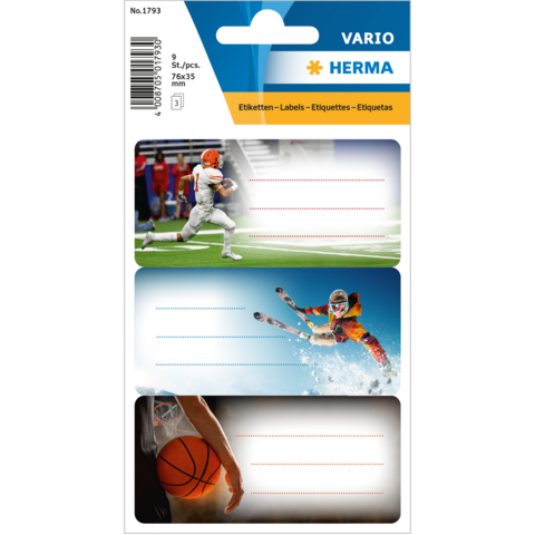 Sportliche Etiketten mit Motiven aus American Football, Skifahren und Basketball, jeweils mit Platz für Beschriftungen.