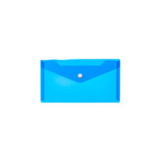 Blaues, transparentes Etui mit einem Druckknopfverschluss, geeignet zur Aufbewahrung von Dokumenten oder Karten.