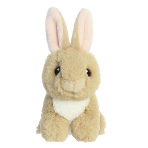 Kuschelhase aus Plüsch mit langen Ohren und einem freundlichen Gesicht, sitzt aufrecht mit einem weichen, beigen Körper.