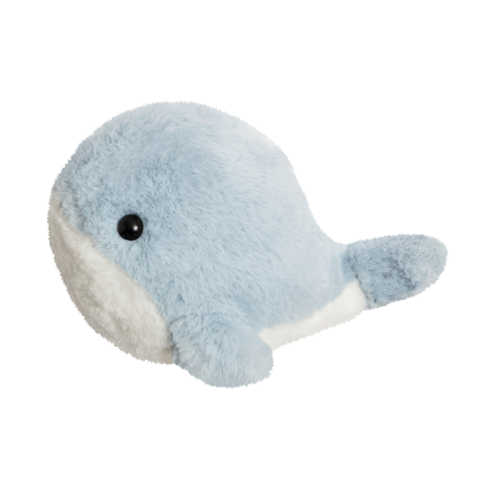 Ein weiches, plüschiges Wal-Spielzeug in Blau und Weiß mit großen, schwarzen Augen und einem runden Körper.