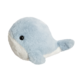 Ein weiches, plüschiges Wal-Spielzeug in Blau und Weiß mit großen, schwarzen Augen und einem runden Körper.