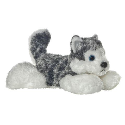 Plüschspielzeug eines kleinen, grauen und weißen Hundes mit blauen Augen, der in einer liegenden Position dargestellt ist.