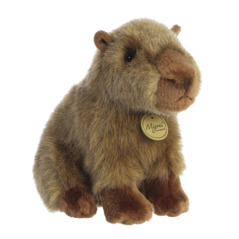 Plüsch-Wombat mit braunem Fell und einem kleinen Anhänger, der den Namen "Mijoni" trägt.